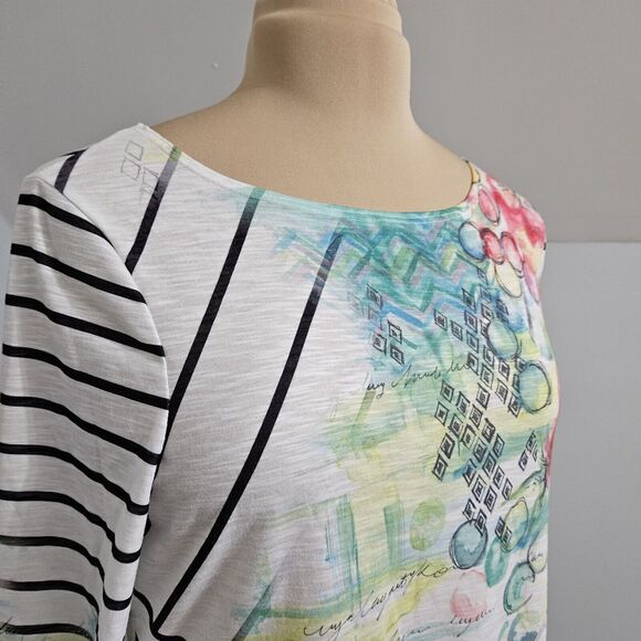 Zenergy by Chico's White Multi Stripe Floral Tunic 3/4 Sleeve Top Size Medium - Picture 8 of 14